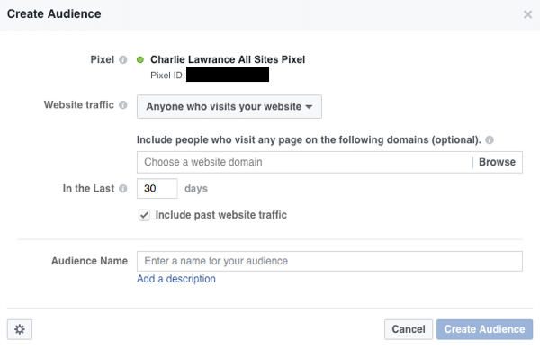 צור קהל מותאם אישית לאתר כדי למקד מחדש את המבקרים באתר באמצעות מודעות פייסבוק.