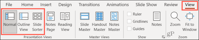 תצוגת PowerPoint Normal, Outline וסדרן שקופיות