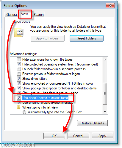 צילום מסך של Windows 7 - אפשרויות התיקיות מציגות ותיבות סימון לבחירת פריטים