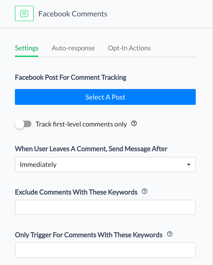 בחר את הפוסט שלך בפייסבוק והזן את מילת המפתח שמשתמשים יקלידו בתגובות כדי להפעיל את הבוט.