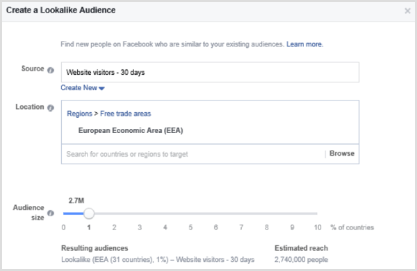 בחר אפשרויות להקים קהל דומה למראה בפייסבוק על סמך קהל מותאם אישית של מבקרים באתר במהלך 30 הימים האחרונים