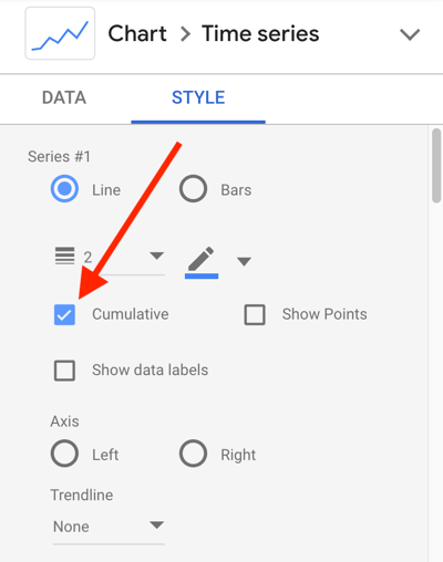 השתמש ב- Google Data Studio כדי לנתח את מודעות הפייסבוק שלך, שלב 24, הגדרת סגנון תרשים לקו נתונים מצטבר