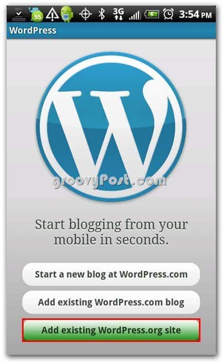 Wordpress בתפריט הגדרת אנדרואיד - הוסף אתר אינטרנט קיים