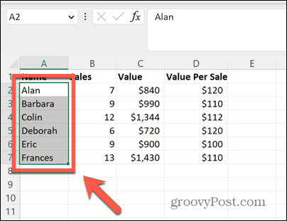 טווח בחירה של Excel