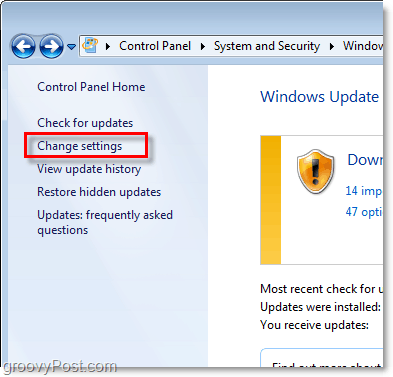 Windows 7 - תמונת מסך של קישור התצורה של Windows Update