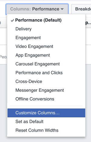 תוכל להתאים אישית את העמודות המוצגות בטבלת תוצאות המודעות שלך בפייסבוק.