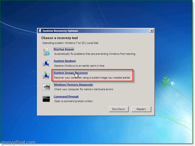 ל- Windows 7 יש 5 דרכים שונות לשחזר את המערכת, בחר התאוששות תמונת מערכת