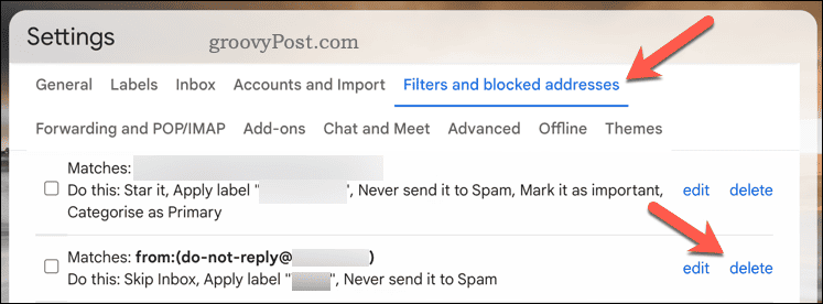 לחצן מחק מסנן ב-Gmail
