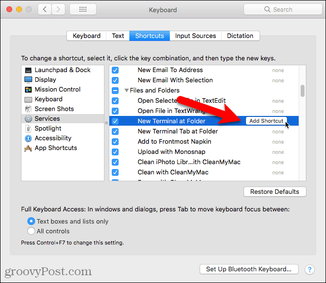 לחץ על הוסף קיצור דרך לשירות המסוף החדש בתיקיה במחשב Mac