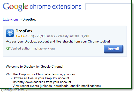 Dropbox עבור Google Chrome כהרחבה מאת michaelyork.org
