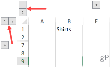 כפתורי מספר עמודות ושורות מקובצות ב- Excel ב- Windows