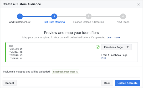 כשאתה מייבא את רשימת מנויי הבוטים שלך ב- Messenger כדי ליצור קהל מותאם אישית, פייסבוק ממפה את מספר זיהוי המשתמש שלהם בפייסבוק, שקשור לפרופיל שלהם.