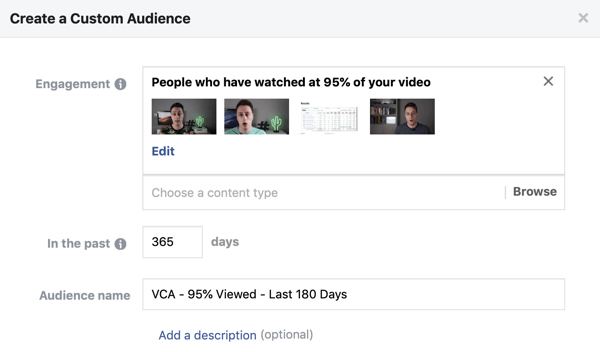 הגדרת אפשרויות ליצירת קהל מותאם אישית של פייסבוק של אנשים שצופים בסרטון בפייסבוק או באינסטגרם.