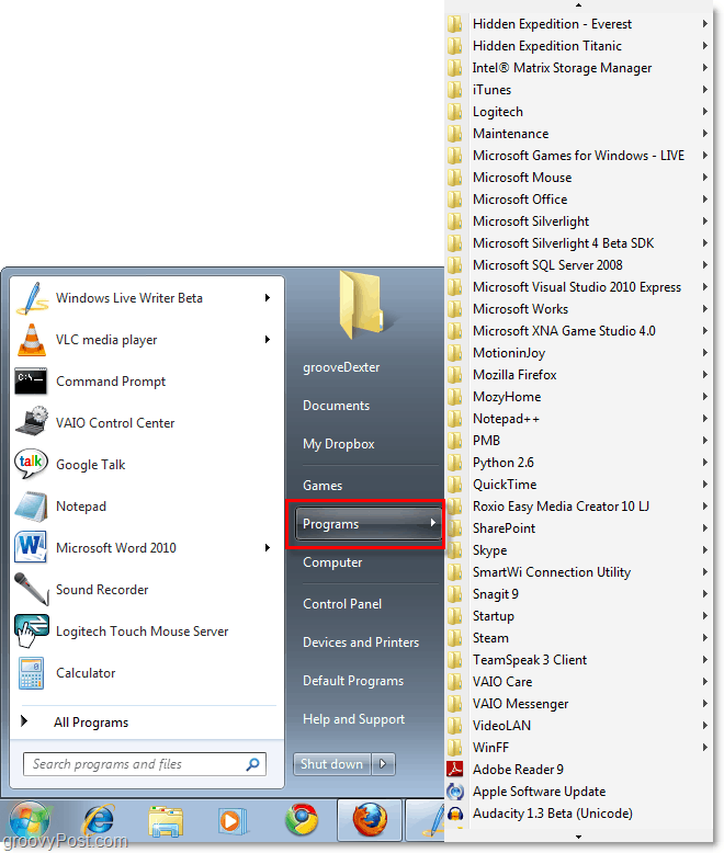 תפריט התחל של Windows 7 עם xp קלאסי כל התוכניות תפריט התחלה