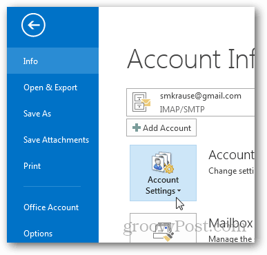 כיצד ליצור קובץ pst עבור Outlook 2013 - לחץ על הגדרות חשבון