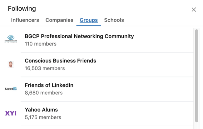 פרופיל LinkedIn מורחב תיבת תחומי העניין עם הכרטיסייה קבוצתית שנבחרה