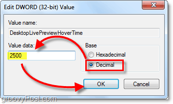 התאם את מאפייני dword לנתונים עשרוניים וערכיים ל 2500 עבור Windows 7 DesktopLivePreviewHoverTime