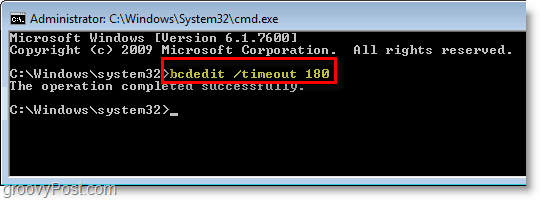צילום מסך של Windows 7 - הזן את bcdedit / timeout 180 ל- cmd