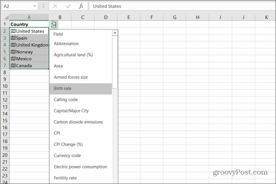 בחירת נתוני גאוגרפיה במדינה ב- Excel