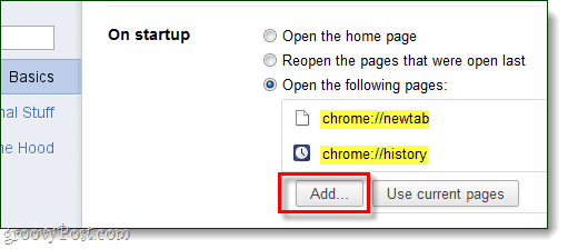 הפעלת Chrome הוסף דפים לפתיחה