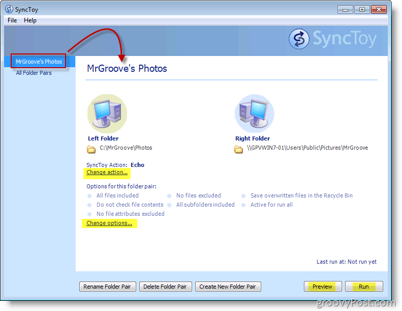 צילום מסך תפריט ראשי של Microsoft SyncToy