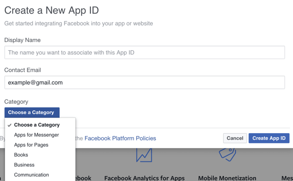 מלא את הפרטים עבור אפליקציית פייסבוק החדשה שלך.