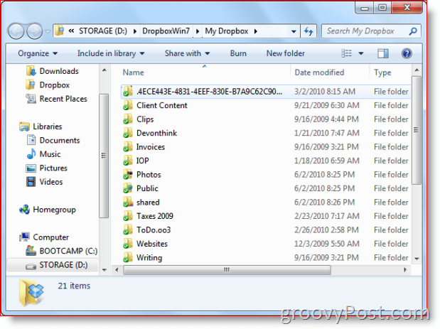 תיקיית Dropbox ב- Windows 7 View