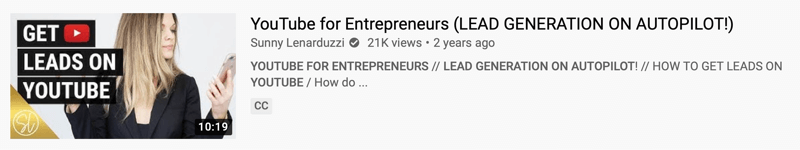 דוגמא לסרטון יוטיוב מאת @sunnylenarduzzi של 'יוטיוב ליזמים (דור מוביל על טייס אוטומטי!)' המציג 21 אלף צפיות בשנתיים האחרונות