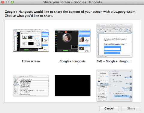 אפשרויות שיתוף מסך של google + hangouts
