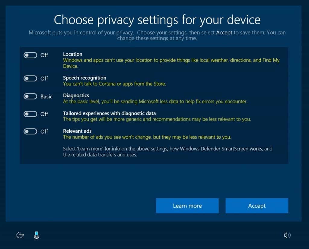 Windows 10, פרטיות, עדכון יוצרים, OOBE