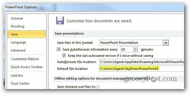 נתיב SkyDrive של PowerPoint