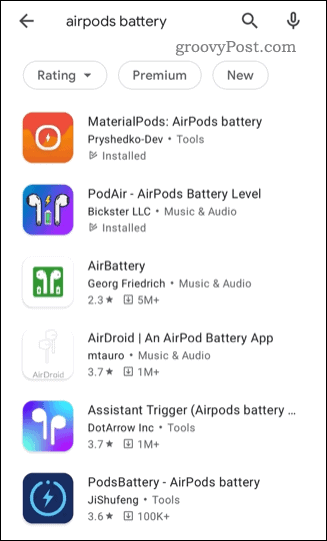 רשימה של אפליקציות סטטוס AirPods של צד שלישי בחנות Google Play