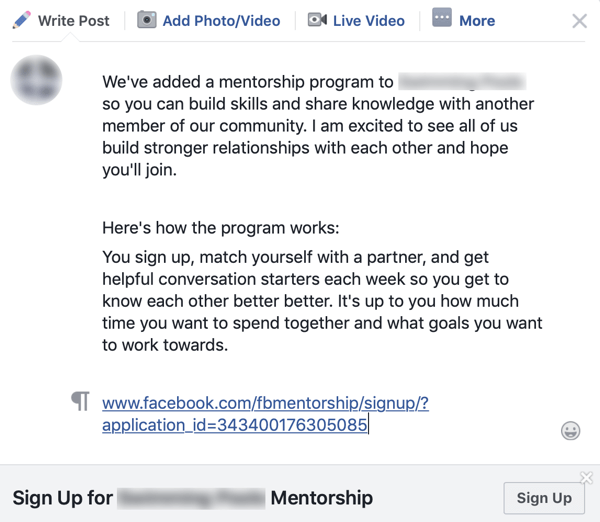 כיצד לשפר את קהילת קבוצות הפייסבוק שלך, דוגמה להודעה קבוצתית לתוכנית חונכות בפייסבוק