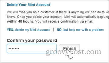 אשר את המחיקה באמצעות סיסמה - מחק את חשבון mint.com