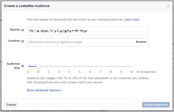 הגדר את גודל הקהל של פייסבוק. אתה יכול לשלוט בגודל באמצעות מחוון שמופיע בעת יצירת הקהל.
