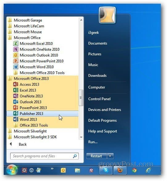 בשתי הגרסאות Office Start של Windows 7