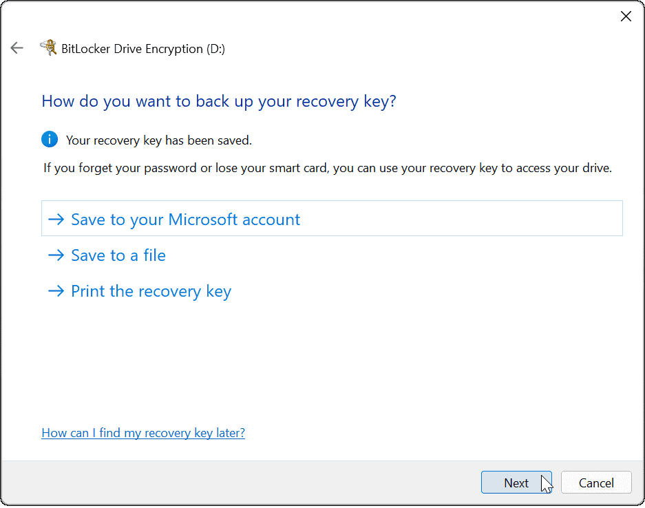 השתמש ב-bitlocker כדי לעבור על מפתח השחזור של Windows 11