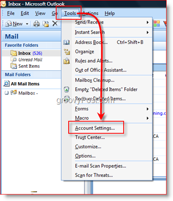 פתח את הגדרות החשבון ב- Outlook 2007