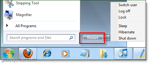 לחצן ההפעלה Windows 7 עם מאפיינים שהשתנו להפעלה מחדש במקום זאת