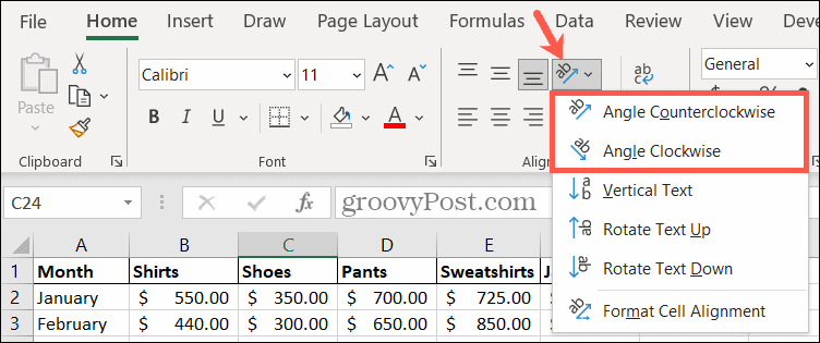 בחר זווית כיוון ב- Excel לסיבוב טקסט