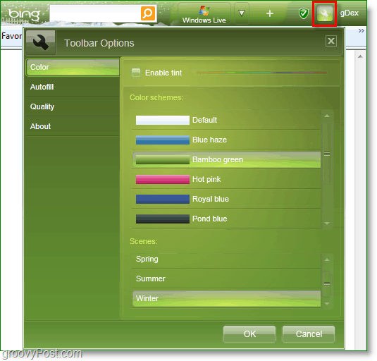 שנה את נושא הצבעים שלך ואת סצנת ה- Bing Bar
