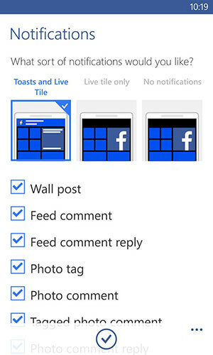 אפליקציית פייסבוק לאפשרויות התראות של Windows