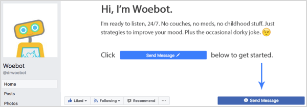 כפתור שלח הודעה בדף הפייסבוק של Woebot.