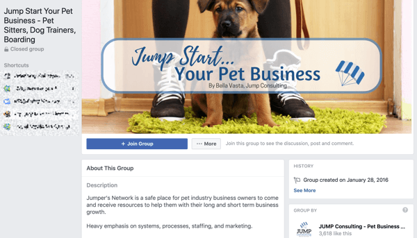 כיצד להשתמש בתכונות של קבוצות פייסבוק, דוגמה לקבוצה עבור Jump Jump Your Business Pet