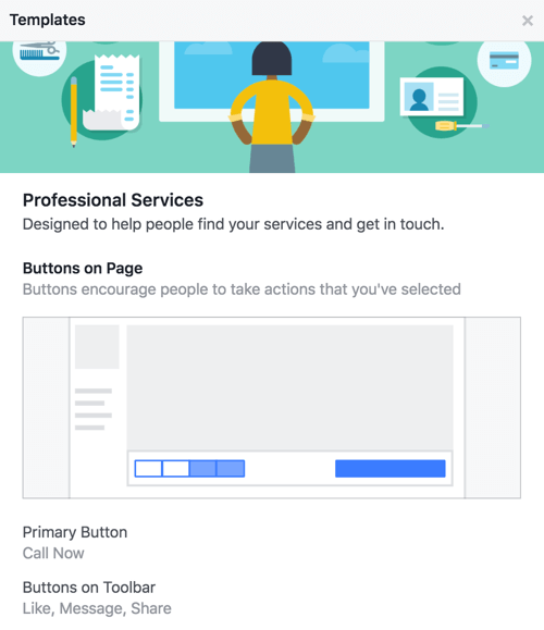 גלה אילו כפתורים וקריאות לפעולה מגיעים עם התבנית של עמוד הפייסבוק שלך.