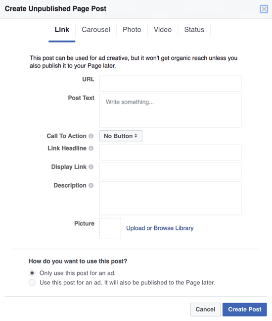 כדי ליצור פוסטים אפלים של פייסבוק כמודעות, אתה יכול להשתמש בעורך הכוח ולבחור רק השתמש בפוסט זה למודעה.