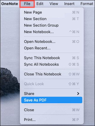 שמור כ- PDF OneNote Mac