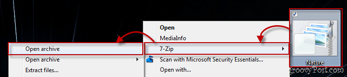 תפריט ההקשר של Windows 7 באמצעות 7-zip