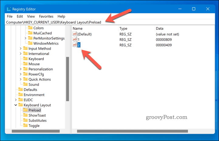 מחק פריסת מקלדת באמצעות regedit ב-Windows 11
