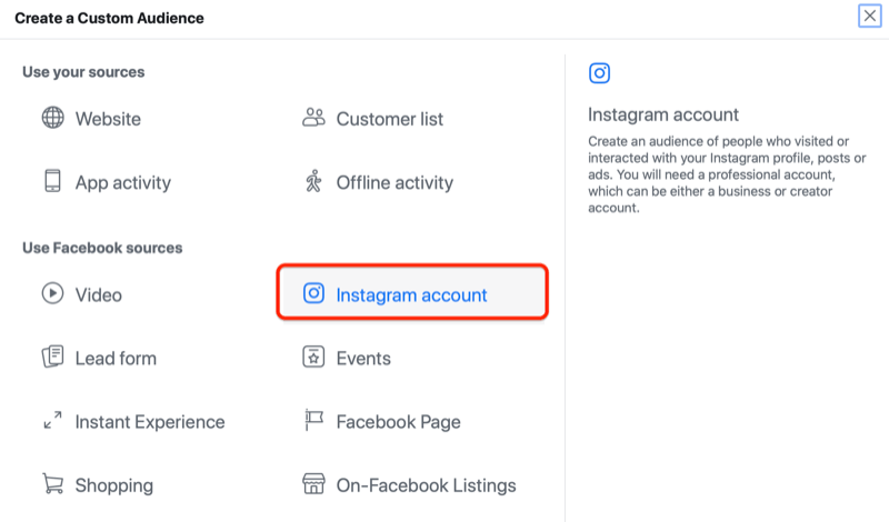 מנהל מודעות פייסבוק ליצור תפריט קהל מותאם אישית עם אפשרות חשבון instagram מודגשת